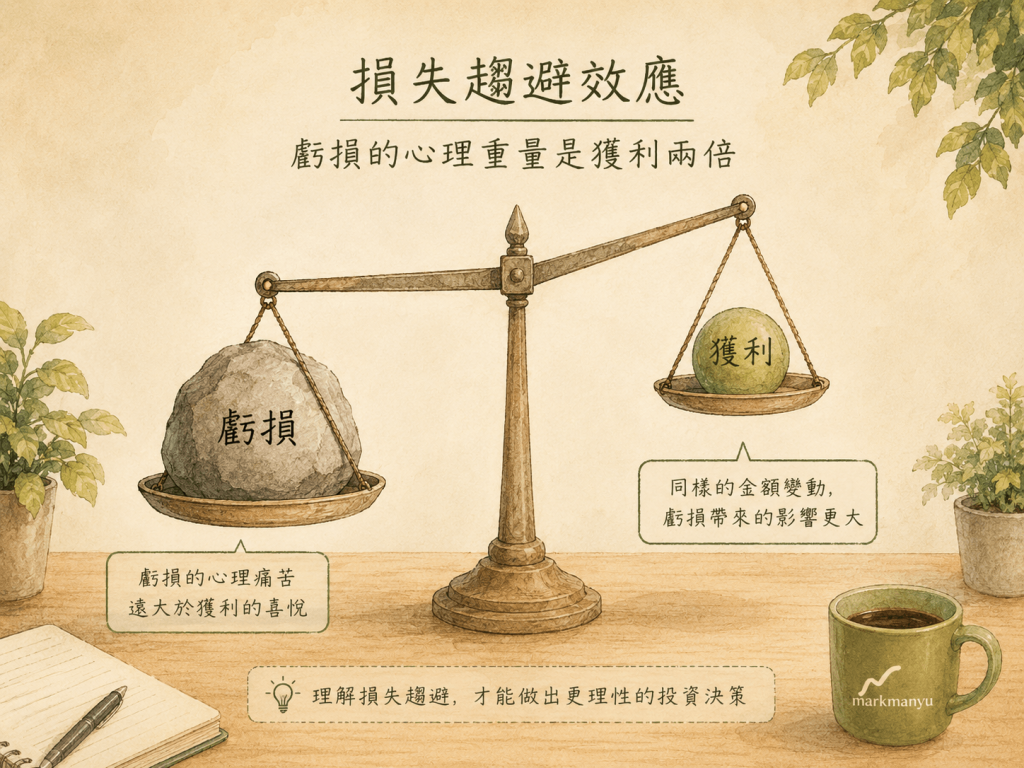 損失趨避效應示意圖，虧損的心理重量是獲利兩倍