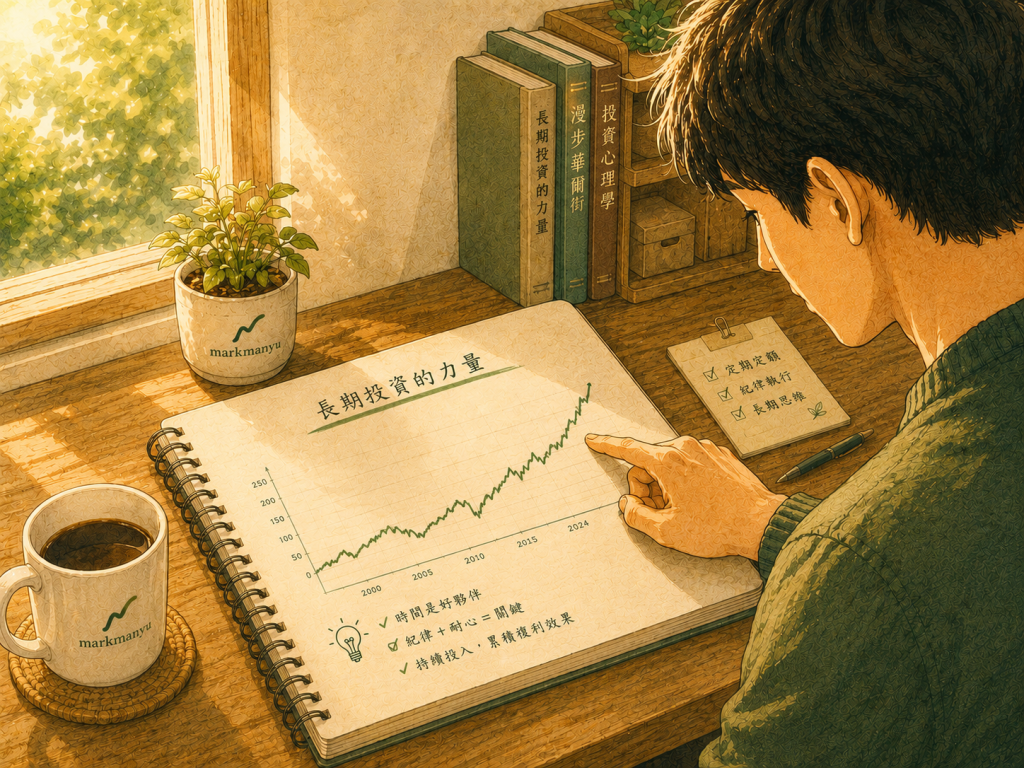 定期定額虧損原因說明，投資人翻閱圖表筆記本