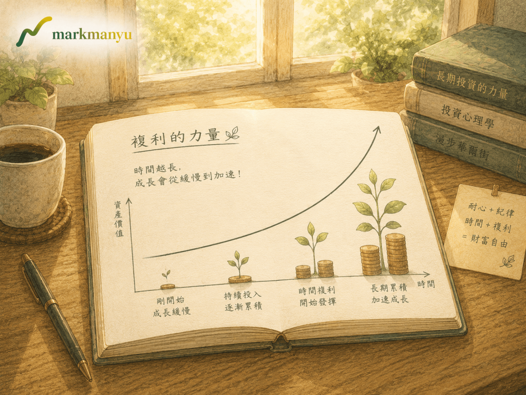 定期定額複利效果成長曲線概念示意圖