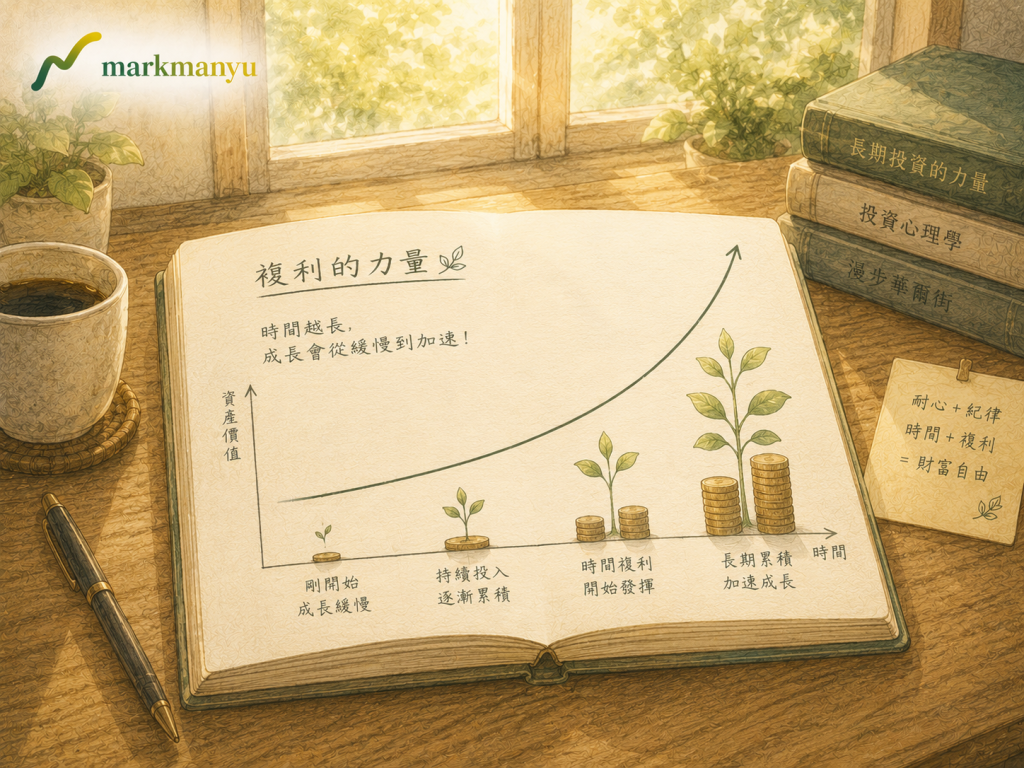 定期定額複利效果成長曲線概念示意圖