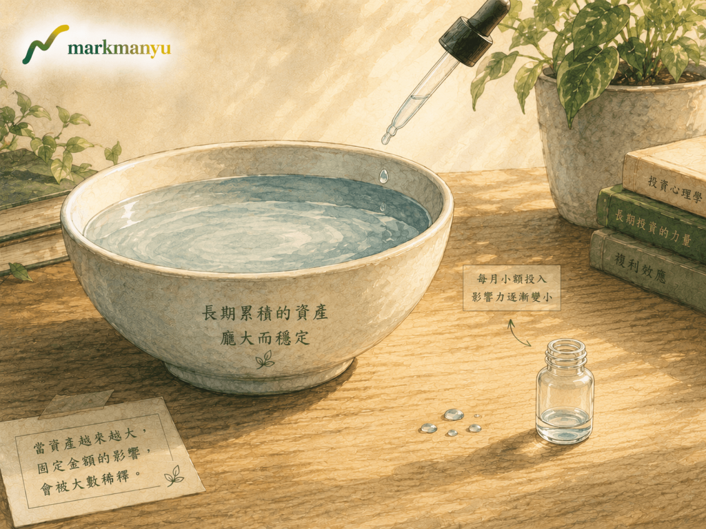 定期定額鈍化原理說明，大碗與水滴示意圖
