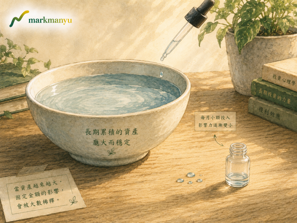 定期定額鈍化原理說明，大碗與水滴示意圖
