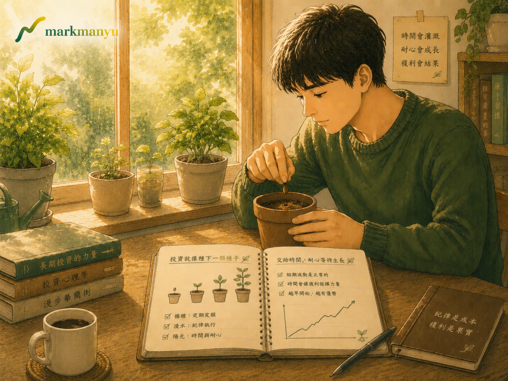 定期定額風險隨時間遞減說明，投資人種下種子等待成長示意圖
