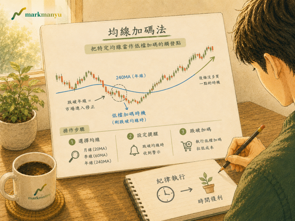均線加碼法操作筆記示意圖（AI 生成）