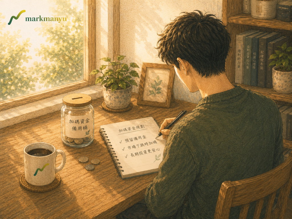 定期不定額加碼資金規劃示意，書桌理財場景（AI 生成）
