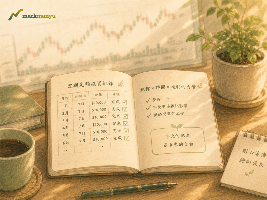 定期定額扣款日設定 — 記帳本記錄每月穩定扣款示意圖（AI 生成）