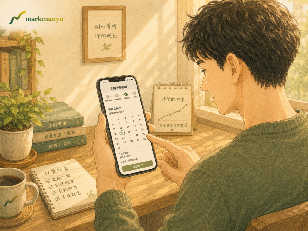 定期定額扣款日選哪天 — 手機操作定期定額設定頁示意圖（AI 生成）
