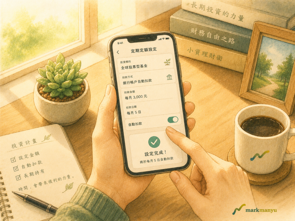 小資族定期定額自動扣款設定示意圖，手機操作與晨光氛圍（AI 生成）