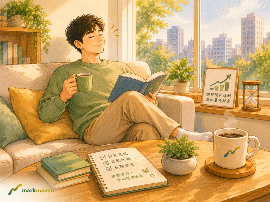 定期定額每月扣多少設定完成後放鬆等待複利成長的示意圖（AI 生成）