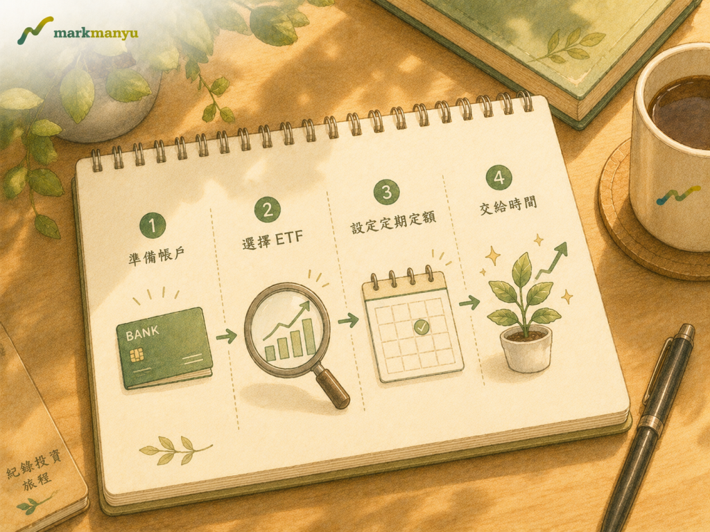 定期定額 ETF 入門流程示意圖，四步驟帶你開始自動投資（AI 生成）