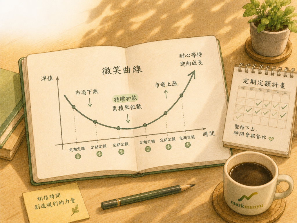 定期定額 ETF 微笑曲線示意圖，市場下跌繼續扣款等待反彈（AI 生成）